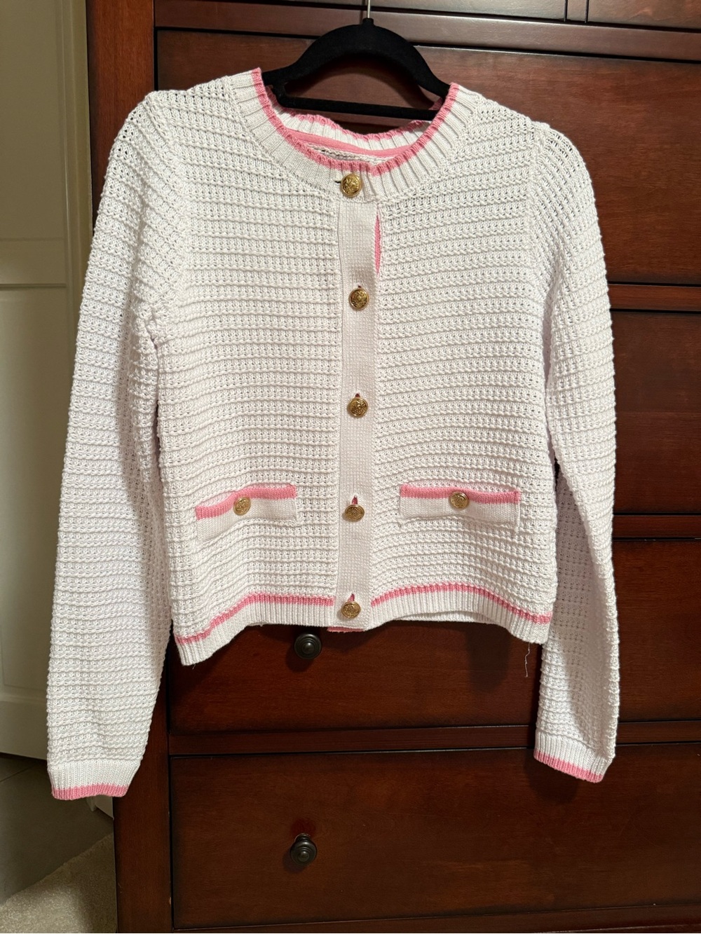 Nicole Miller White Knit Cardigan with Pink Trim and Gold Buttons